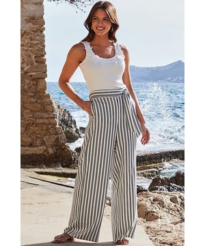 Serious add-to-basket potentialSuper flattering tie waistHigh waist falls into relaxed but chic wide legsElasticated back for maximum comfortStripes always looks stylishWe love them with a linen shirt or simple vest topInside leg to fit: Short 29 | Regular 31" | Long 33"