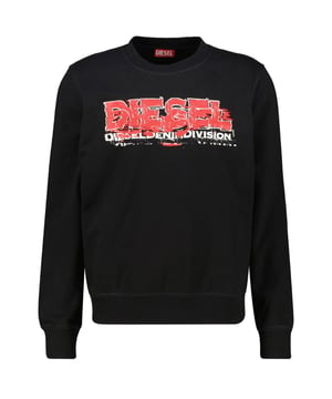 Schwarzer Pullover mit Diesel-Markenlogo, 60 % Baumwolle, 40 % Polyester, Grafik auf der Brust, Rundhalsausschnitt, lange armel, Markenlogo, Gummizug am Hals, an den armelenden und am Saum