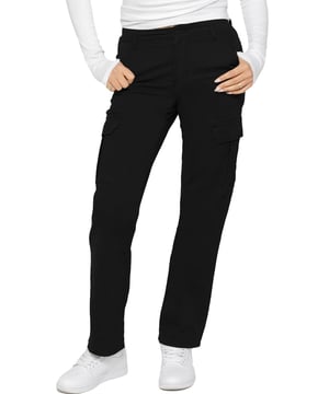 Enzo Women's Stretch Cargo Denim Jeans feature a straight-leg, regular fit design. They come with 2 front slash pockets, 2 side cargo pockets secured with Velcro fastening, and 2 back pockets for added convenience. The jeans have a zip fly closure and are perfect for both casual wear and workwear.