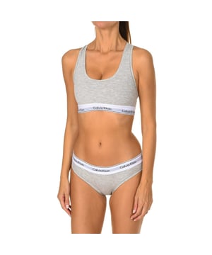 Calvin Klein Top and Briefs Set.
 Gray
 Designed to guarantee comfort and softness.
 Elastic rubber, with the name of the brand embroidered consecutively.
 Inner lining.
 Seam seen to tone.

 Composition: 53% Cotton, 35% Modal, 12% Elastane

 Washing instructions:
 - Wash maximum at 40ºC.
 - Iron at medium temperature, max. 110 ° C.
 - Does not allow to use tumble dryer.
 - Do not use bleach.
 - It does not support dry cleaning.