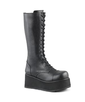 Bold, striking and eye-catching the Demonia Trashville 502 is a vegan leather platform boot that is bound to make you stand out from the crowd. This platform goth punk boot is made with premium black vegan leather uppers and a 3 1/4" thick gum rubber platform sole for a bold looking boot that is not uncomfortable to walk in. With 17 eyelets spanning the length of the shoe and a full-length metallic side-zipper to help you get the best fit from your boots, these are an unmatched addition to a wardrobe. Comfortable, sturdy and built to last, these Demonia black platform boots will be a staple of your wardrobe for years to come.