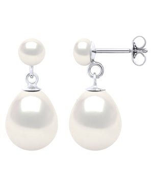 Double Earrings White Gold - Real Cultured Freshwater Pearls Button 5-6 mm + Pear 10-11 mm - COLOR NATURAL WHITE - Butterfly Clasp - Delivered with Certificate of Authenticity and International Guarantee - MADE IN FRANCE