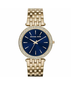 Shop Vrouwen�s Fashion Michael Kors Horloge, MK3406 EAN 0796483189133 in prachtig PVD verguld ontwerp met glinsterende met stenen bezette lunette. Uitgevoerd in een elegante blauwe kleur wijzerplaat met gouden baton uurmarkeringen en slanke gouden wijzers.
