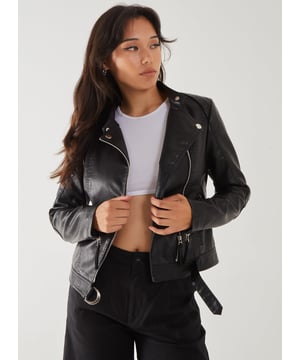 Featuring a black faux leather material and buckle detailing. Team this PU Biker Jacket with your existing wardrobe pieces for an everyday look we love.