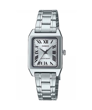 This Casio Casio Collection Analogue Watch for Women is the perfect timepiece to wear or to gift. It's Silver  Rectangular case combined with the comfortable Silver Stainless steel watch band will ensure you enjoy this stunning timepiece without any compromise. Operated by a high quality Quartz movement and water resistant to 3 bars, your watch will keep ticking. A bold, square version of the classic metal analogue watch. High quality 21 cm length and 24 mm width Rose Gold Stainless steel strap with a Fold over with push button clasp Case measurement: 22 X 25 mm,case thickness: 7 mm, case colour: Silver and dial colour: Silver