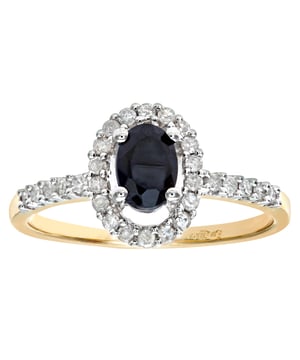 9K (375) geel goud: 2,4 gram; # Diamant: 0,23 ct; # Saffier: 0,85 ct