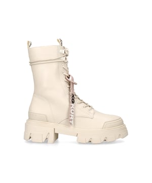 The cream KG Kurt Geiger Trekker Lace Up ankle boot features the KG Kurt Geiger logo printed on ribbed textile with print stitch detailing on the front and back of the ankle as well as a embossed rubber monocle on the tongue.