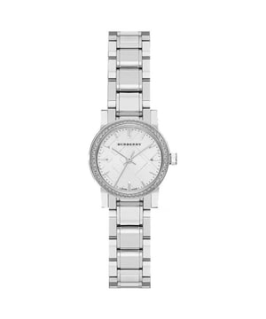 Swiss Made Quartz 3 Hands Movement. 26mm Stainless Steel Case. Scratch Resistant Mineral Crystal. Silver Textured Dial. Diamond Bezel. Stainless Steel Hands and Stick Indexes. 14mm Stainless Steel Bracelet with Push Button Butterfly Clasp. Water Resistant to 50 Meters 5ATM - Swiss Made The Watch comes in the Burberry Presentation Box with all the Papers and 2 Years Warranty.