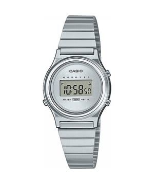 This Casio Casio Collection Vintage Digital Watch for Women is the perfect timepiece to wear or to gift. It's Silver 26 mm Round case combined with the comfortable Silver Stainless steel watch band will ensure you enjoy this stunning timepiece without any compromise. Operated by a high quality Quartz movement and water resistant to 3 bars, your watch will keep ticking. Sparkle in style with a smaller round watch featuring a minimalist design. This Digital watch has a calendar function: Day-Date , Stop Watch and Alarm High quality 19 cm length and 15 mm width Silver Stainless steel strap with a Folding Clasp Case diameter: 26 mm,case thickness: 7 mm, case colour: Silver and dial colour: Silver