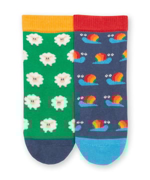 90% organic cotton 8% polyamide 2% elastane |  Proud to be certified by Control Union to the Global Organic Textile Standard (GOTS) |  Peacock green with cream sheep and navy blue with rainbow snail designs |  Two pack |  Made in Turkey |  Machine washable at 40 degrees, or at 30 degrees to be kinder to the planet