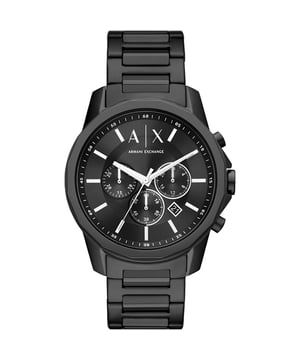 This Armani Exchange Banks Chronograph Watch for Men is the perfect timepiece to wear or to gift. It's Black 45 mm Round case combined with the comfortable Black Stainless steel watch band will ensure you enjoy this stunning timepiece without any compromise. Operated by a high quality Quartz movement and water resistant to 5 bars, your watch will keep ticking. This fashionable and classic watch matches any outfit at any occasion,it adds style to your life -The watch has a calendar function: Date, Stop Watch, 24-hour Display High quality 21 cm length and 22 mm width Black Stainless steel  strap with a Fold over with push button clasp Case diameter: 45 mm,case thickness: 11 mm, case colour: Black and dial colour: Black