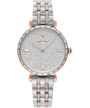Brand: Emporio Armani
  Model number: AR11293
  Dial window material type: Scratch Resistant Mineral
  Display Type: Analog
  Clasp: Push Button Deployment Clasp
  Case material: 32 mm
  Case diameter: 32 millimeters
  Case Thickness: 7 millimeters
  Band Material: Stainless Steel set with Baguette Crystals
  Band width: 14 millimeters
  Band Color: Two-tone (Silver-tone and Rose)
  Dial color: Silver (Crystal Pave)
  Bezel material: Fixed
  Bezel function: Stationary
  Special features: Bezel Markings
  Item weight: 1.98 Ounces
  Movement: Quartz
  Water resistant depth: 50 Meters
Material: Steel