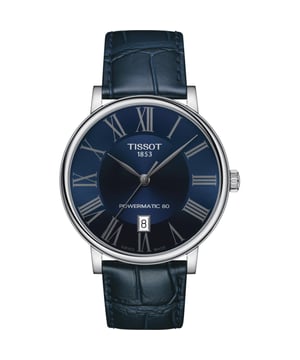 This Tissot Carson Premium Powermatic 80 Analogue Watch for Men is the perfect timepiece to wear or to gift. It's Silver 40 mm Round case combined with the comfortable Blue Leather watch band will ensure you enjoy this stunning timepiece without any compromise. Operated by a high quality Automatic movement and water resistant to 5 bars, your watch will keep ticking. The Tissot Carson, an all-timer which will suit any time or place, will be the perfect partner to accompany you to every great occasion in your life so that every moment you live is right on time. This Analogue watch has a calendar function: Date and has a Swiss Made Movement High quality 21 cm length and 20 mm width Blue Leather strap with a Buckle Case diameter: 40 mm,case thickness: 10 mm, case colour: Silver and dial colour: Blue