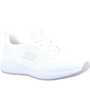 Comfort and protection that looks great comes in the SKECHERS Work: Squad SR shoe. Soft sporty knit mesh fabric and synthetic upper in a slip on stretch laced sporty casual work slip resistant sneaker with stitching accents and Memory Foam insole.