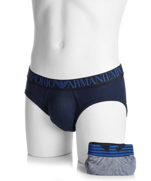 95% algodón, 5% elastano; Paquete de 2 calzoncillos Emporio Armani; Modelo: 1116938A72355735; Mezcla de algodón de alta calidad; Logotipo de Emporio Armani en la cintura elástica; 1 x azul marino, 1 x gris