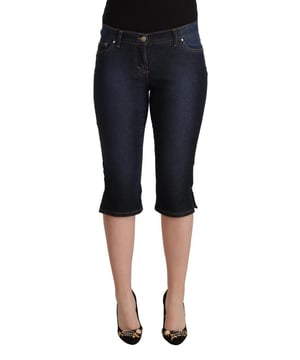 Brand: GF FERRE
  Material: Cotton
  Color: Blue
  Style: Low Waist Capri Denim
  Closure: Zipper
  Logo details