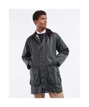 A perfect all-weather jacket for a taller gentleman, or ideal for wearing over a suit, the bestselling iconic Border jacket comes in a longer length with a generous fit, and lengthened sleeves.
Designed in the early 1980s by Chairman Dame Margaret Barbour, the Border is named to represent the land border between Scotland and England that founder John Barbour crossed in 1870 to get to North East England, where Barbour is still based.
Made with mediumweight 6oz waxed cotton, the Border is fully interactive with an optional hood and zip-in thermal liners, making it a reliable jacket all year round. Traditional design features such as two generously sized bellows pockets, two moleskin-lined handwarmer pockets, classic corduroy collar with throat flap studs and a large brass ring-pull zip with 'Stormfly' front close give this jacket a timeless look, popular with all ages and for a range of lifestyles.
Designed as a casual, everyday jacket, the Border features two internal pockets with detachable pocket bags and Velcro stormcuffs for extra protection in foul weather.

Mediumweight 6oz Barbour Thornproof wax
100% cotton Barbour Tartan lining
Two bellows pockets and two moleskin-lined handwarmer pockets
Corduroy collar
Large brass ring-pull zip
Interactive zip-in liners,
Back length: 33-34ins | 84 - 86.5cm
Studded for optional hood