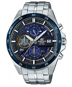 This Casio Edifice Chronograph Watch for Men is the perfect timepiece to wear or to gift. It's Silver 49 mm Round case combined with the comfortable Silver Stainless steel watch band will ensure you enjoy this stunning timepiece without any compromise. Operated by a high quality Quartz movement and water resistant to 10 bars, your watch will keep ticking. Stylish- Sporty and a modern design, very suitable for Men  -The watch has a calendar function: Date, Stopwatch, 24 hour display, Luminous Hand High quality 22 cm length and 20 mm width Silver Stainless steel strap with a Fold over with push button clasp Case diameter: 49 mm,case thickness: 13 mm, case colour: Silver and dial colour: Blue
