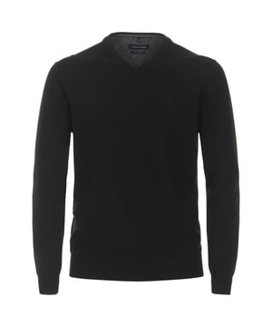 Dompel jezelf onder in een wereld van tijdloze elegantie met deze gebreide herentrui van fijn garen. Deze fijn gebreide trui belichaamt de ultieme combinatie van stijl en comfort en is meer dan alleen een kledingstuk - het is een uitdrukking van je persoonlijkheid.  Het zachte materiaal streelt je huid en biedt een ongeëvenaarde draagervaring. De normale pasvorm creëert een ontspannen elegantie die moeiteloos in je dagelijkse garderobe past. De V-hals geeft de trui een subtiele verfijning, terwijl de geribde boorden niet alleen zorgen voor een optimale pasvorm, maar ook een vleugje dynamiek en sportiviteit toevoegen.  Het geborduurde logo op de borst is niet alleen een handelsmerk, maar ook een statement van je individuele stijl. Het voegt een subtiel maar effectief accent toe dat deze gebreide trui een onmiskenbare identiteit geeft.