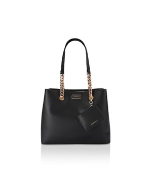 This Carvela Cammie tote bag features a textured black exterior with gold tone hardware. There is a removable card wallet on the front chain. 27cm (H), 30cm (L), 16cm (D). Strap drop: 68cm.