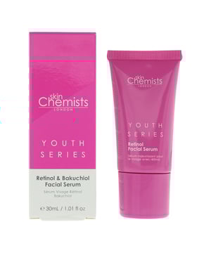 Skin Chemists Youth Series Retinol and Bakuchiol Facial Serum is a cutting-edge skincare elixir meticulously crafted to combat the signs of aging and promote a youthful, radiant complexion. Infused with a dynamic combination of Retinol and Bakuchiol, this serum offers a powerful dual-action approach, harnessing the benefits of both traditional retinoids and a natural, gentle alternative. Retinol, a potent form of Vitamin A, is renowned for its ability to stimulate collagen production, increase skin cell turnover, and reduce the appearance of fine lines and wrinkles. Bakuchiol, derived from the Babchi plant, provides similar anti-aging benefits without the potential irritation or sensitivity associated with Retinol. The lightweight, fast-absorbing texture of this serum allows for easy application and quick absorption into the skin. It penetrates deeply, delivering a surge of potent, skin-loving ingredients that support the skin's natural regeneration process. Over time, this leads to a smoother, firmer, and more supple complexion. The Retinol and Bakuchiol Facial Serum is also fortified with a blend of natural botanical extracts and advanced skincare ingredients, providing additional antioxidant protection and supporting the skin's natural barrier function. It creates a shield against environmental stressors, helping to preserve a youthful, healthy appearance. This serum is suitable for all skin types, making it an essential addition to any anti-aging skincare routine.