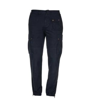 Pantalones cargo azules Belstaff, Pantalones cargo, Confeccionados con lona teñida vintage, Pantalones cargo informales inspirados en la icónica chaqueta Trialmaster, Bragueta y cierre de botones, Herrajes exclusivos de latón antiguo con grabado Belstaff en el redondo, 2 bolsillos traseros con solapa, 2 bolsillos grandes en los muslos con botón a presión y cierre de cremallera, bragueta con cremallera y botón, insignia de la marca en el bolsillo trasero