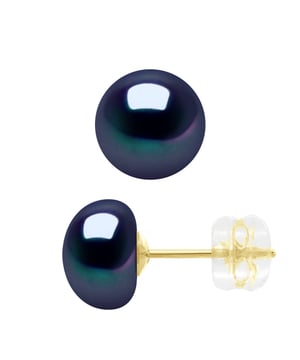 Ohrringe aus Gelbgold – Knopf aus echten Süßwasser-Zuchtperlen 8–9 mm – FARBE SCHWARZ TAHITIANISCHER STIL – Butterfly-Verschluss aus SILIKON-Gold / patentierter Sicherheitsverschluss – Lieferung mit Echtheitszertifikat und internationaler Garantie – HERGESTELLT IN FRANKREICH