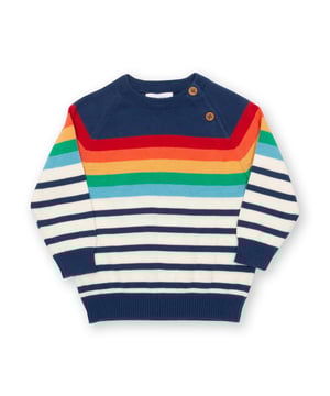 100% organic cotton |  Proud to be certified by Control Union to the Global Organic Textile Standard (GOTS) |  Navy blue and cream stripe with rainbow stripe shoulder |  Lightweight knitwear |  Coconut button raglan sleeve opening (up to and including size 3 years) |  Long sleeved |  Flying Kite embroidery at back |  Made in India |  Machine washable at 40 degrees, or at 30 degrees to be kinder to the planet