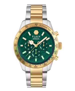Deze Philipp Plein Pleinmeter Chronograph Horloge voor Heren is het perfecte tijdstuk om te dragen of om cadeau te geven. De Multicolour 44 mm ronde kast in combinatie met de comfortabele Multicolour roestvrijstalen horlogeband zorgt ervoor dat je van dit prachtige horloge kunt genieten zonder concessies te doen. Aangedreven door een hoogwaardig quartz uurwerk en waterbestendig tot 5 bar, blijft je horloge tikken. Verhoog je stijl met de Pleinmeter, een chronograaf horloge met een ultra-sportief design dat synoniem staat voor ongeëvenaarde prestaties. Dit chronograaf horloge heeft de volgende functies: Stopwatch, 24-uursweergave, luminescente wijzers, luminescente cijfers en tachymeter. Hoogwaardige strap van 21 cm lengte en 21 mm breed, in Multicolour roestvrijstaal met een vouwsluiting. Kastdiameter: 44 mm, kastdikte: 11 mm, kastkleur: Multicolour en wijzerplaatkleur: Groen.