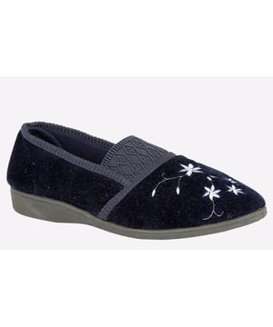 A stylish choice when it comes to premium comfort, these Zedzzz Joanna women's slippers are delivered in a sleek navy upper with embroidered floral embellishments and a cushioned fit and feel.- Velour upper
- Elasticated gusset for easy slip on wear
- Padded construction
- Embroidered floral design
- Textile Covered Injected PVC Sole