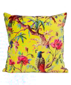 The Paradise cushion cover will bring a unique twist to any room with its Indian inspired nature print. Created in the chinoiserie style with an intricate display of birds and flowers this cushion will bring a whole new dimension to any room. The velvet feel fabric is perfect for sofas and beds giving these gorgeous cushions a wonderful sheen. Complete with blanket stitched edges and a hidden zip closure. Available in three distinct colourways there's a cushion for everyone whether you're likely to go the bold route of bright yellow or prefer to play it safe with uniform black. Made using 100% cotton fabric this cushion is super soft and cosy. This cushion must be treated carefully and is therefore dry clean only. However, it is both tumble dryable and iron appropriate.