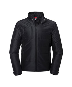 100% polyester. Eco-efficient padding. Stand up collar with 2 snap fastener and inner storm flap.. Reversed zips at centre front, chest pocket, side pockets and sleeves. Zipped inside pocket. Chest size: S- 36-38in, M- 38-40in, L- 40-42in, XL- 42-44in, 2XL- 44-46in, 3XL- 46-48in, 4XL- 48-50in.