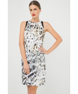 Sleeveless dress in woven stretch print gabardine fabric. Contrast black fabric around the armholes.  Round neckline and slightly racer shoulders. Darts at the bust and vertical seams in the front and the back for the perfect fit. Fastens in the back with a concealed zip. Small 9cm slit in the back. Fully lined.Our model has height 178 cm and wearing size 36. Measurements for size 38 (in cm):Bust-42; Body length-95; Waist-40; Shoulder width-26; Hemline-46. Garment is fitted.