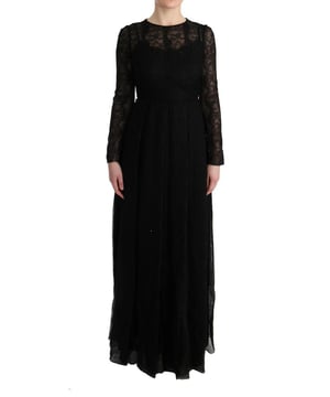 Marke: Dolce & Gabbana  
Modell: Langärmliges, bodenlanges Etuikleid  
Farbe: Schwarz  
Seiden-Stretch-Innenfutter  
Reißverschluss am Rücken  
Logo-Details  
Hergestellt in Italien  
Material: 60% Seide, 24% Nylon, 12% Viskose, 4% Baumwolle  
Futter: 76% Seide, 16% Baumwolle, 4% Nylon, 4% Elasthan  