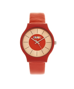 Rubber-Coated Metal Case; Precision Japanese Quartz Movement; Non-Glare Scratch-Resistant Mineral Crystal; Logo-Engraved Stainless Steel Caseback; Leatherette Strap; Logo-Engraved Stainless Steel Clasp; 36mm Case Diameter; 3ATM Water Resistance;