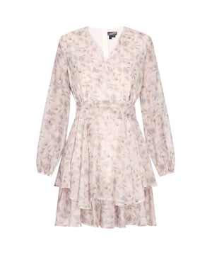 Dompel jezelf onder in de charme van deze romantische chiffon mini-jurk met lange bisschopmouwen en een V-hals. De chiffonstof zorgt voor een transparante look, versierd met een delicate bloemenprint. De nauwsluitende taille accentueert het figuur en de uitlopende rok voegt vrouwelijkheid toe. Deze jurk is perfect voor informele of semi-formele gelegenheden en straalt elegantie en charme uit.  Jurk