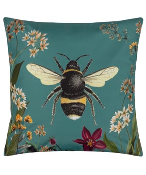 In amazing traditional hand painted, printed detail, a humble bumble bee hovers motionless, surrounded by bright country florals below, set on a complimenting teal background. If you turn it over, the bee has flown off and a further bunch of bright blooms are revealed in vivid detail and colour, to add cheerful tones to your outdoor styling, giving you two looks in one. Whichever way round, this cushion adds a summery flavour to a patio, balcony or terrace.