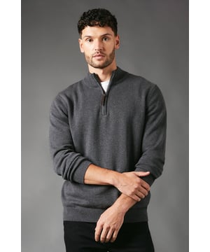 Pure Cotton Half Zip Funnel Jumper from Maine. Super-soft in texture and made from the premium fabrics, opt for this smart men's funnel jumper. Boasting cosy long sleeves, a high collar neckline with a zip-up front and a tailored cut finish for the perfect fit. Crafted from 100% Cotton. Wash at 40. Model wears a Size M.