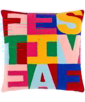Get into a 'Christmassy' mood with this vibrant knitted loop tufted cushion. Woven in a range of fabulous techno colours and paired with a fuchsia pink velvet reverse; This unique design is the perfect addition for those who love all things colour!  Size: 43 x 43cm