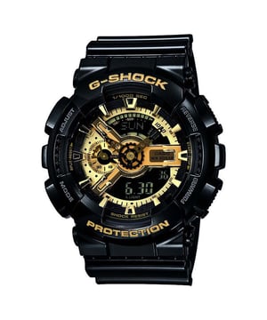 Dit Casio G-shock Analoge-Digitale Horloge voor Mannen is het perfecte accessoire om te dragen of cadeau te geven. De zwarte ronde kast van 50 mm, gecombineerd met de comfortabele zwarte kunststof horlogeband, zorgt ervoor dat je volop van dit prachtige horloge kunt genieten zonder enige concessies. Aangedreven door een hoogwaardig kwartsuurwerk en waterbestendig tot 20 bar, blijft je horloge tikken. Sportief en trendy ontwerp, perfect voor iedereen die van sport houdt! - Het horloge heeft een kalenderfunctie: Dag-Datum, Wereldtijd, Stopwatch, Timer, Alarm, Verlichting. Hoogwaardige zwarte kunststof band van 21 cm lang en 22 mm breed met een gesp. Kastdiameter: 50 mm, kastdikte: 14 mm, kastkleur: zwart en wijzerplaatkleur: goud.