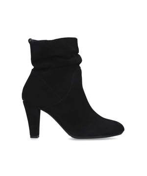 The Rita ankle boots feature a chic 85mm heel. The ankle is ruched for a flattering effect with two gold inner zips for slip on ability. The toe is rounded.