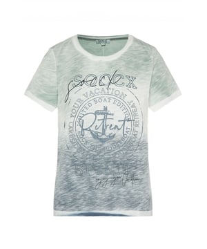 Dit T-shirt voor dames is een geweldige basic die supermakkelijk te stylen is. Het shirt met korte mouwen heeft een licht getailleerd model en een ronde halslijn met een open rand. De vlamgarentextuur en het kleurverloop geven het shirt een coole used look. De maritieme glitterprint op de voorkant geeft het T-shirt een extra visuele highlight. Een coverlocknaad op de rug rondt het ontwerp af.