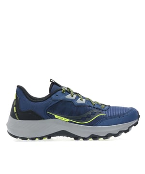 Mens Saucony Aura Trainers in blue.- Sleek and streamlined upper includes a durable and breathable two-layer mesh and protective details.- Lace fastening.- VERSARUN cushioning.  - Grippy XT-600 lugs offer traction no matter the terrain. - GORE-TEX® shield is waterproof  helping you keep your feet dry.  - Ref: S2086214