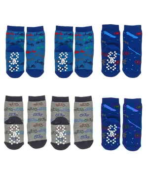Pack de seis pares de calcetines antideslizantes.
Diseño con divertidos estampados.
Confeccionado en algodón.
Talón y puntera reforzados.
Puño anti-presión.
Tejido elástico y transpirable.
 Composición: 75% Algodón, 23% Poliamida, 2% Elastano
 Cuidados:
Lavar a mano.
No usar lejía.
No usar secadora.
No planchar.
No lavar en seco.