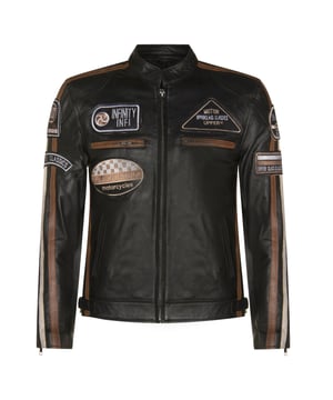 Finished in our premium nappa leather and detailed with our embroidered vintage badges, racing enthusiasts look no further. The classic biker style is levelled up with the addition of twin contrasting racing stripes on the sleeves and a thoughtful placement of racing badges to make this iconic piece. The jacket still stays true to its biker roots with a classic short tab collar and two zip pockets positioned at the breast for a traditional look. For additional storage find two hand pockets at the waist as well as a further two compartments integrated in the lining, to ensure this jacket is as practical as it is stylish.  • 100% premium ultra-soft nappa leather. • Four exterior and two internal pockets • Racing style stripes on each of the jacket sleeves • Full length YKK zip on the front • Embroidered racing style badges featured across the jacket front and sleeves