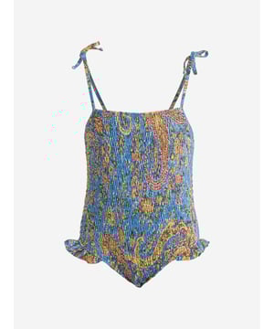 Introducing the Girls Floral Paisley Swimsuit in Blue by Etro, a high-end addition to your little girl's holiday wardrobe. Key features include: Italian Craftsmanship: Designed and made in Italy, promising exceptional quality and durability for endless beach fun.  Trendy Floral Paisley Print: The vibrant multicoloured print is playful and trendy, perfect for your little fashionista. Supreme Comfort: Crafted from first-rate materials, it ensures uncompromised comfort for your girl's summertime escapades. Wardrobe Refresh: revitalise your child's closet with this luxurious swimsuit from Italys' renowned designer, Etro. Order now for standout style!
