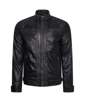 Barneys Originals real leather biker jacket, featuring a stylish washed look. Quilted detailing on the shoulders adds an edgy touch, perfect for a bold, standout look.