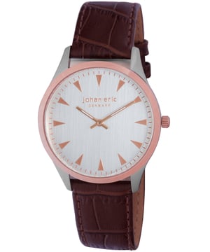Johan eric: helsingør, men's, silver dial watch w triangular rose gold tone hr-markers, brown calfskin band