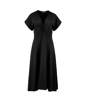 This black summer dress is crafted in stretch jersey fabric. It has short sleeves and a V neckline with knot detail at the bust. Underneath, a 5cm panel finishes diagonally at the side seams.  The skirt has a cloche silhouette. The garment is styled with a relaxed fit and midi length.