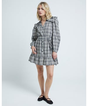 Oversized Collar, Check print, V-neck, Tie front, Long sleeves, Button fastening, Mini length